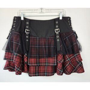 Hot Topic Punk Rock Mini Skirt Red Black Plaid W Black Mesh Buckles Side Ties Lg